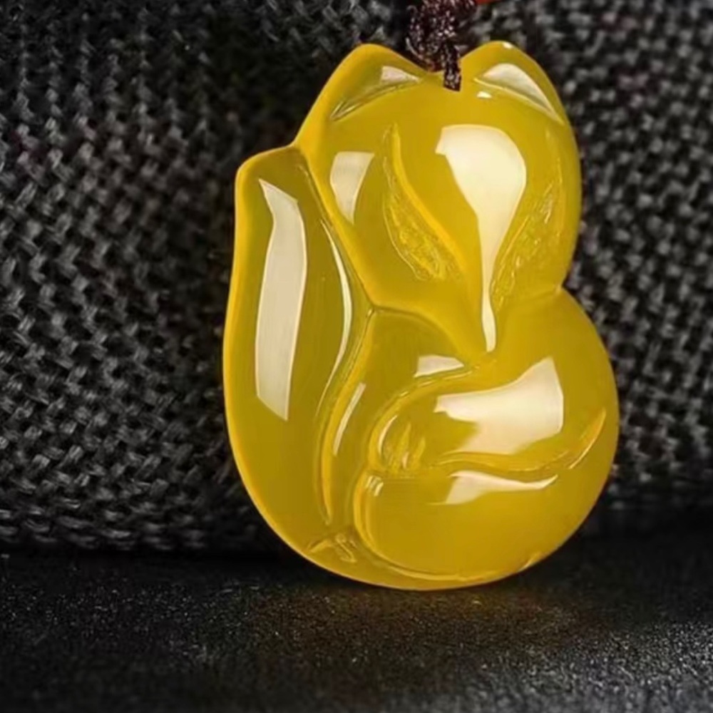 Gorgeous Smooth Yellow Fox Agate Pendant on a Woven Rope Lucky